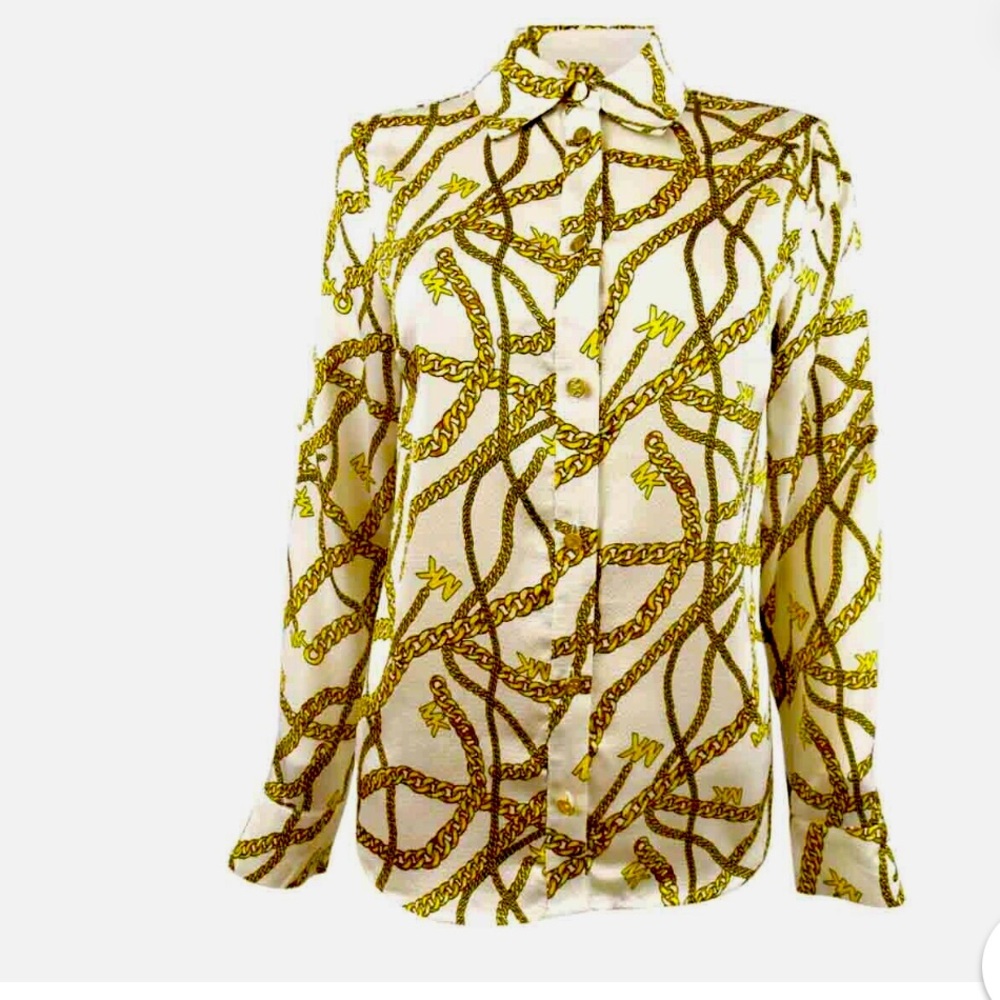 MICHAEL Michael Kors Women's Chain Logo Gold Button Up Shirt with 3/4 Sleeves